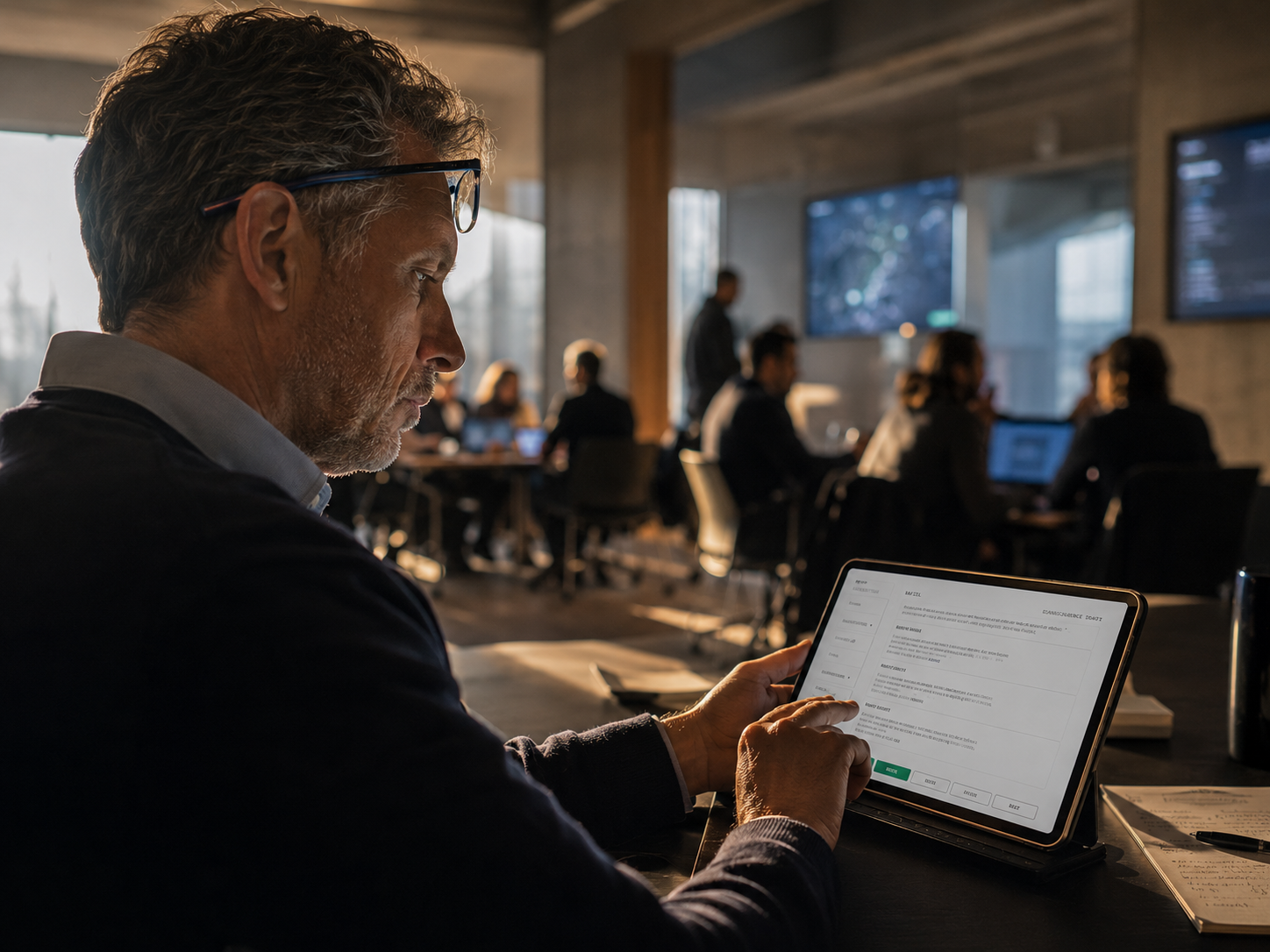 Close portrait of a faculty member reviewing the approval queue on a tablet