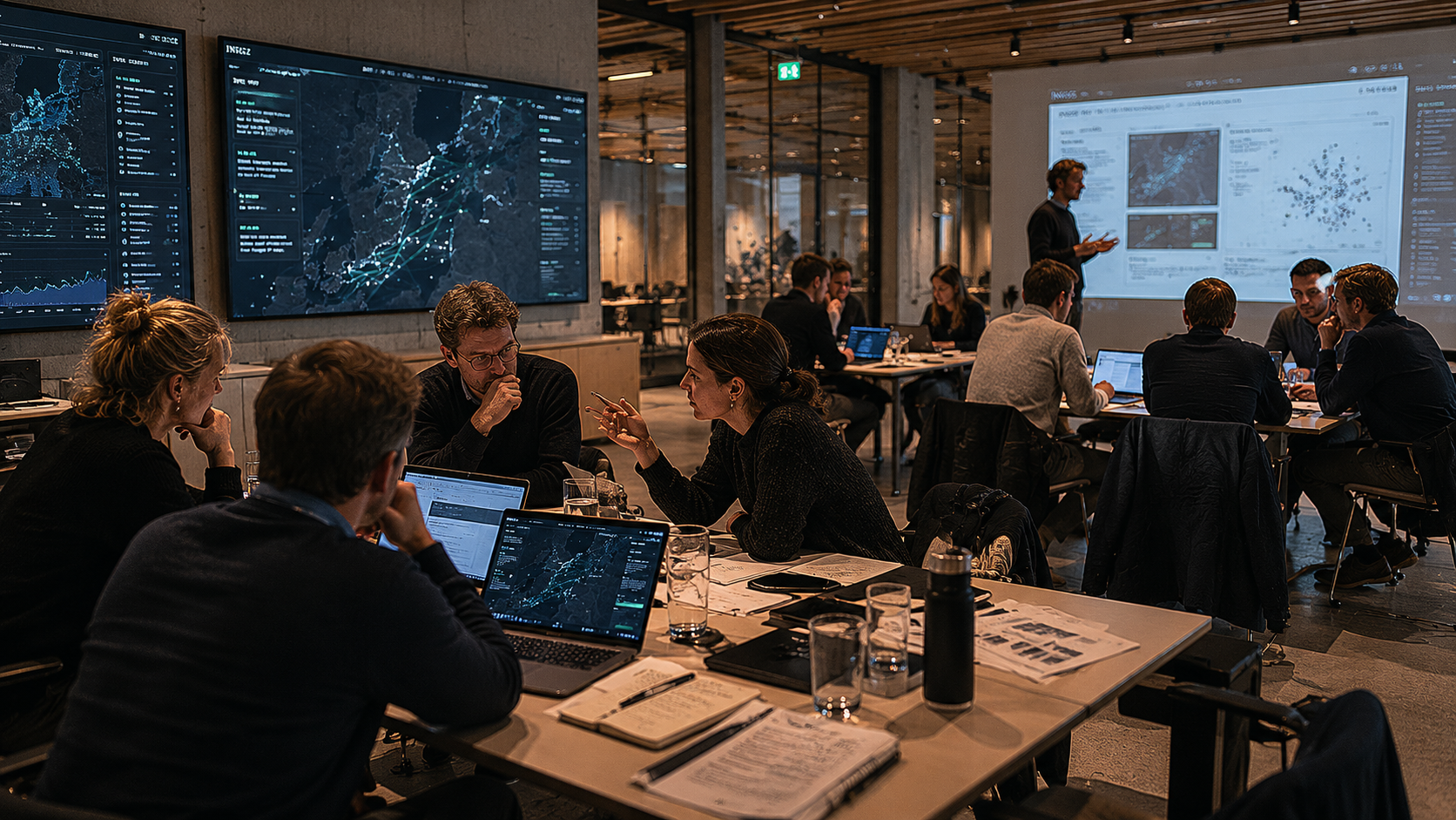 Working session in progress — multiple groups, screens, mid-discussion