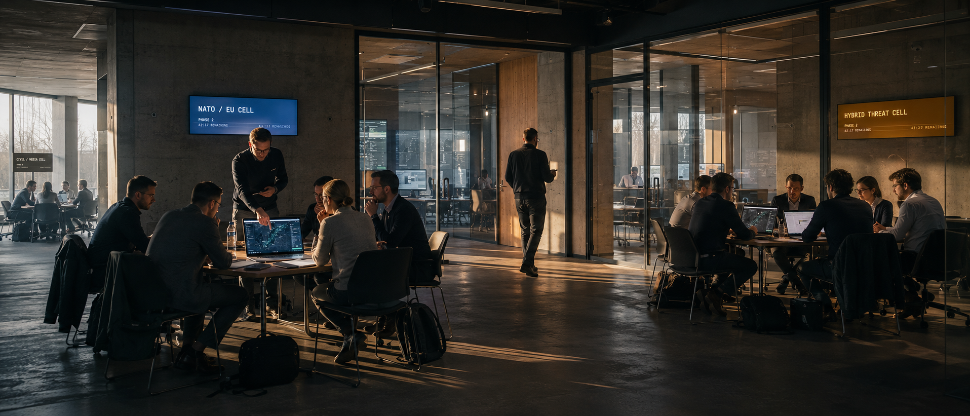 A wide cinematic photograph of three teams working in separate areas of a modern academic building