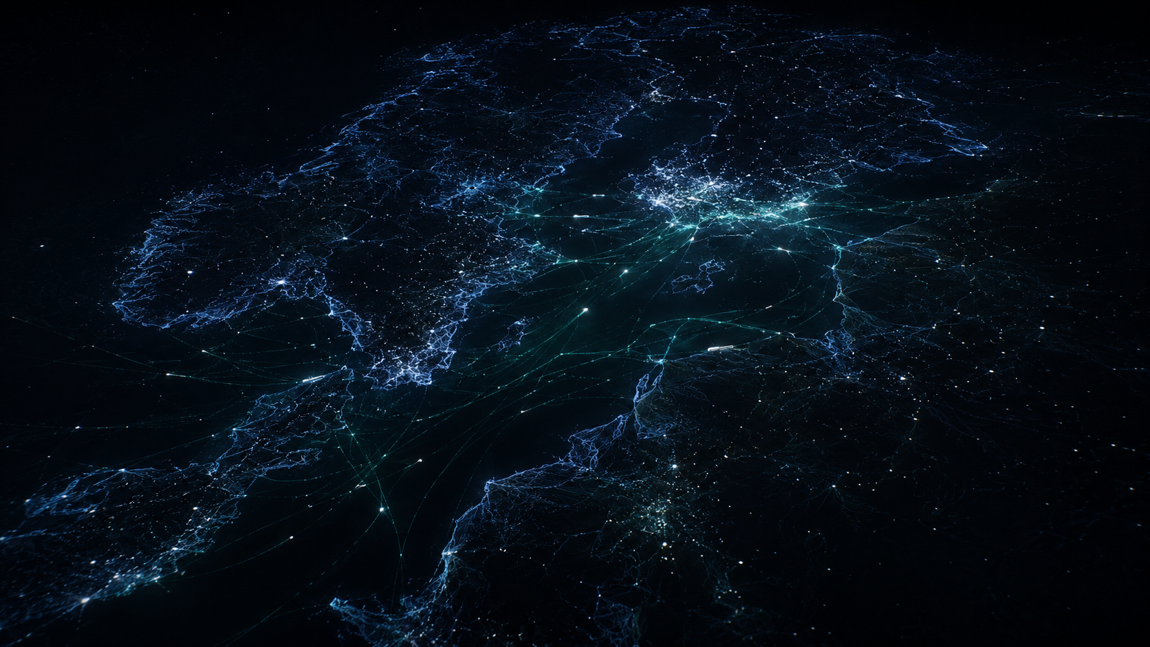Baltic Sea visualized as data — coastlines as thread-lines, submarine cables as light, vessels as drifting particles
